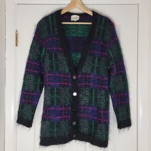 Vintage 90s Susan Bristol Fuzzy Mohair Plaid‎ V-neck Cardigan Hong Kong Sz M